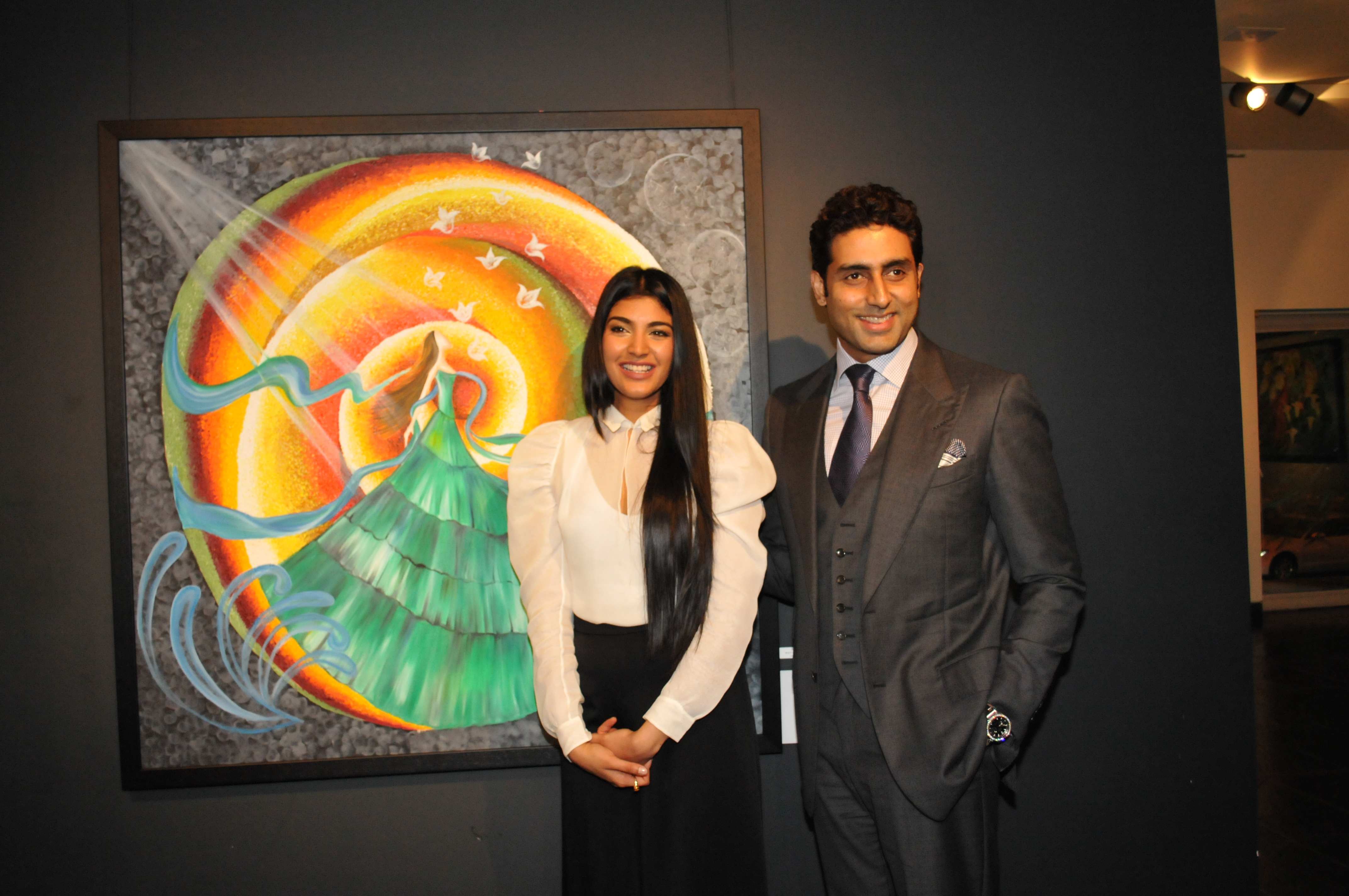Radhika Goenka and Abhishek Bachchan with radhikas creation